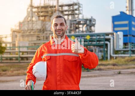 Male engineer in orange jumpsuit giving a thumbs up at an industrial site, representing job satisfaction and safety in the engineering sector. Ideal f Stock Photo