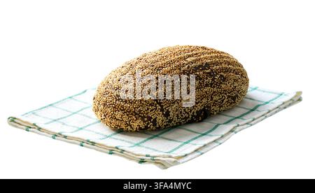 Loaf rye bread made from sourdough with whole grain flour with sunflower seeds and sesame, isolated on white background. Loaf  rye bread , isolated on Stock Photo
