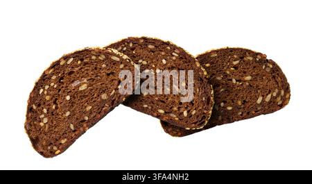 Sliced rye bread with sesame seeds, isolated on white background, flat lay. pieces Scandinavian rye bread with sesame seeds, isolated on white backgro Stock Photo