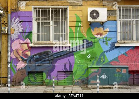 Large revolver gun and flowers graffiti street art on residential building weathered wall in Sofia, Bulgaria, Eastern Europe, Balkans, EU Stock Photo