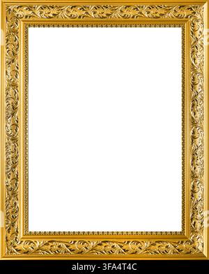 Ornate gold picture frame with empty white center. Decorative vintage border for art display. Classic luxury frame for interior design and gallery pre Stock Photo