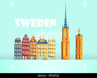 Sweden landmark in stockholm symbol and icon of swedish. Beautiful  building architecture colorful in 3d render vector illustration. Travel landmark o Stock Vector