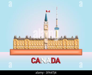Architecture landmark in Canada ottawa symbol and icon of Canada. Beautiful building architecture colorful in 3d render vector illustration. Travel la Stock Vector