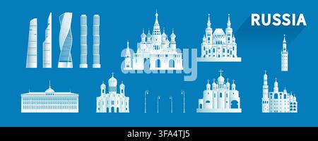Russia isolated architecture icon set and symbol with tour europe landmark for brochure, Travel landmarks Russia with isolated silhouette architecture Stock Vector