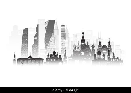 Architecture building sketch silhouette in Russia, Moscow with Black halftone style. Tour Moscow architecture famous landmarks of Russia in Europe on Stock Vector