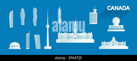 Canada isolated architecture icon set and symbol with tour europe landmark for brochure, Travel landmarks Canada with isolated silhouette architecture Stock Vector