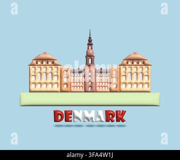 Architecture landmark in Denmark symbol and icon of copenhagen and christiansborg. Beautiful building architecture colorful in 3d render vector illust Stock Vector