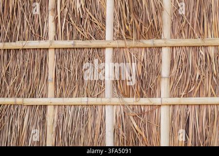Natural bamboo frame with dried palm leaf thatch forming a rustic woven wall texture ideal for traditional architecture tropical design and natural ba Stock Photo