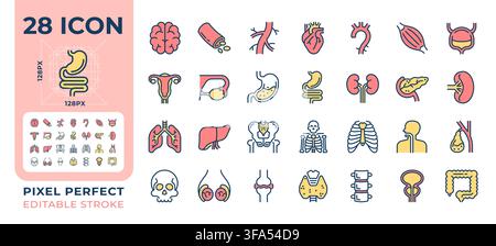 Human organs pixel perfect line color icons set Stock Vector
