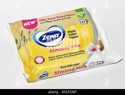 Zewa moist toilet paper with almond milk packaging isolated on white Stock Photo