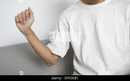 Close up of deaf man using sign language for ASL communication and learning concept Stock Photo