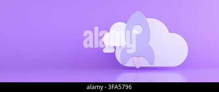 Rocket with cloud over purple background, storage concept, 3d render, panoramic mockup Stock Photo