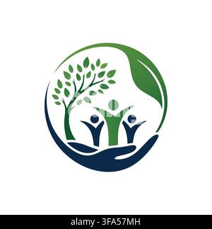 Professional Modern Eco Family Tree Caring Hand Circular Vector Logo Stock Vector