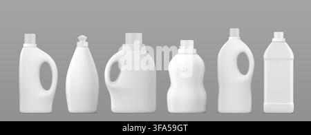 Realistic plastic detergent bottle mockups isolated on background. Vector illustration of blank 3D laundry product container, white package for cleaning liquid, soap or softener, design template Stock Vector