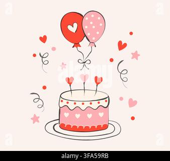 Pink Cake. Birthday Celebration Doodle with Pink Cake, Heart Balloons, Confetti, Stars and Curly Streamers, Cute Romantic Party Illustration for Stock Vector