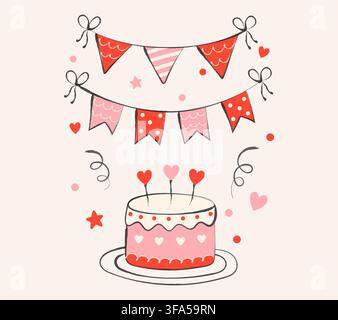 Birthday Celebration Doodle with Pink Cake, Festive Bunting Flags, Hearts, Stars and Curly Streamers, Cute Hand Drawn Party Illustration for Stock Vector