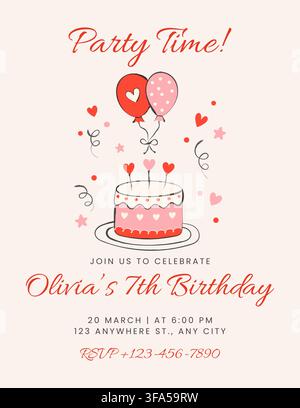 Birthday Party Invitation with Pink Cake, Heart Balloons, Confetti and Stars, Cute Hand Drawn Celebration Card Template for Girls Birthday, Kids Party Stock Vector
