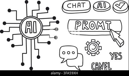 AI Prompt Interface Doodle Set. Circuit Chip, Chat Bubble, Gear, Yes Cancel Buttons, LLM Technology, Generative Artificial Intelligence And Digital Co Stock Vector