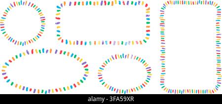 Crayon doodle confetti rectangle, circle and oval frame. Color pencil hand drawn firework border. Chalk color birthday firecracker frames. Vector Stock Vector