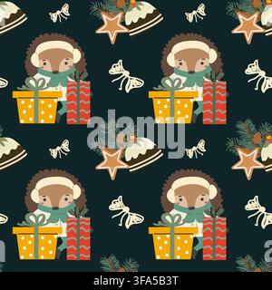 Winter christmas pattern with cute hedgehog, gingerbread cookies, fir cones and bows. Vector illustration in cartoon flat style. Stock Vector