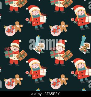 Christmas gingerbread and children pattern. Cute girl and boy with xmas gifts, candy cane and christmas cookies, ornaments. Cartoon vector illustration on black background. Stock Vector