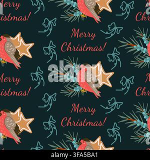 Vector seamless pattern with gingerbread and winter bird with bows. Cartoon illustration isolated on black background. Stock Vector