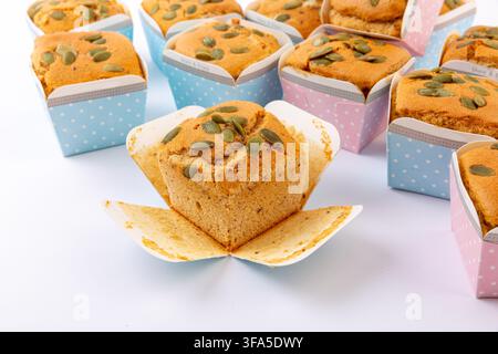 Date Nut Cupcakes Topped with Pumpkin Seeds Stock Photo
