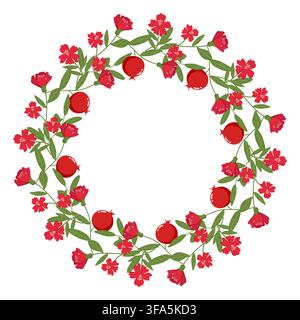 Decorative wreath of red flowers, green leaves, and pomegranates in a circular design, perfect for Rosh Hashanah greetings Stock Vector