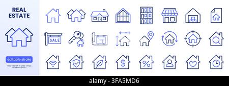 Real estate line icons set. Property management, house keys, home for sale, blueprint plan, mortgage flat minimal vector illustration. Simple outline Stock Vector