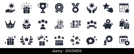 Loyalty and reward glyph icon set. Gift, VIP badge, trophy, loyalty card, redeem point minimal vector illustrations. Simple silhouette signs for bonus Stock Vector