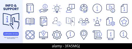 Info customer support line icons set. AI chatbot, tutorial, troubleshooting manual, FAQ, rescue lifebuoy flat minimal vector illustrations. Simple Stock Vector