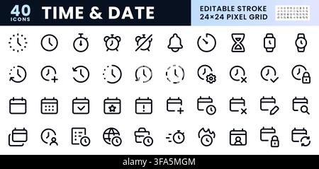 Time, Date line icon set. Clock, calendar, alarm, stopwatch, timer, working hours pictogram minimal vector illustration. Simple bold outline sign, web Stock Vector