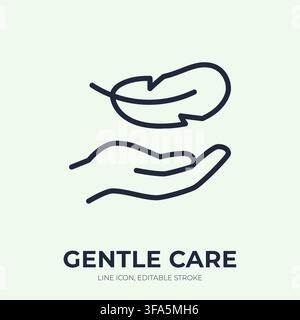 Gentle care line icon. Feather touch linear vector illustration. Thin sign of hand beneath plume for softness, lightweight feel, sensitive skin Stock Vector