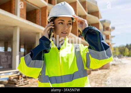 Busy female specialist wearing safety uniform talking on smartphone Stock Photo