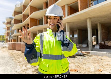Expert female manager wearing safety vest talking on mobile phone Stock Photo