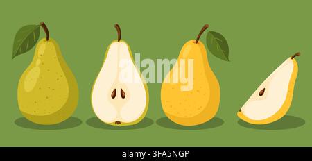 Set of four hand drawn pear illustrations in different shapes and colors, including whole and sliced pears with leaves. Flat vector fruit collection Stock Vector