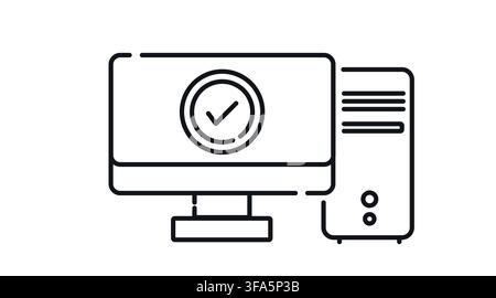 Desktop computer tower and monitor with check mark symbol on screen vector icon. Stock Vector