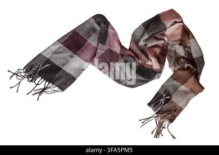 Wool plaid scarf with fringe isolated on white background Stock Photo