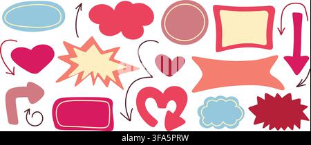 Empty templates of hearts, circles, frames, and arrows. Callouts, speech bubbles, text boxes, and dialog boxes set in romantic style. Vector graphics Stock Vector