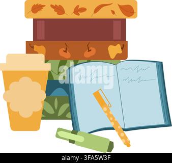 Open book, coffee cup, stacked books, bookmark and autumn leaves clipart set for reading. Stock Vector