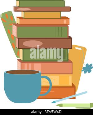 Book stack, tea mug, bookmark and pens clipart collection for reading. Stock Vector