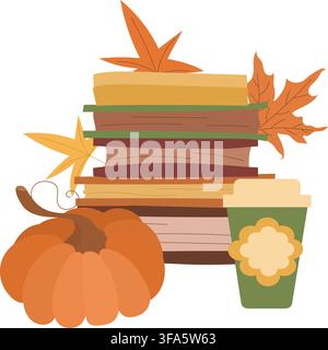 Pumpkin, takeaway coffee cup, stacked books and autumn leaves clipart collection Stock Vector