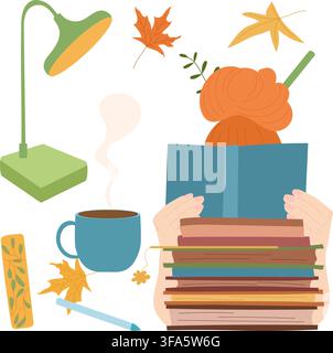 Woman reading book, tea mug, desk lamp, autumn leaves and bookmark clipart. Stock Vector