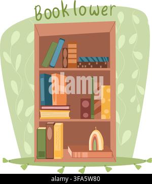 Bookshelf filled with books and decorative rainbow object poster for reading. Stock Vector