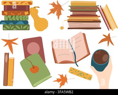Autumn books, open book, coffee cup, pumpkin, gourd and maple leaves collection Stock Vector