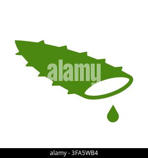 Aloe vera sliced leaf with liquid drop green icon. Minimalist succulent plant symbol for natural cosmetic packaging, organic skincare labels, beauty p Stock Vector