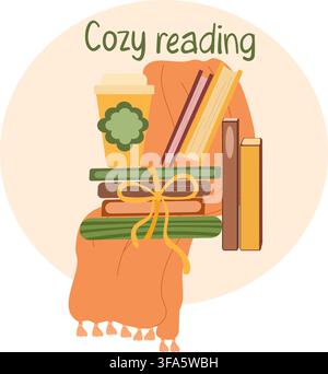 Books tied with ribbon, takeaway coffee cup and warm blanket poster for reading themes. Stock Vector