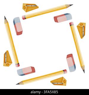 Watercolor square frame made of yellow graphite pencils, pink and blue erasers, and sharpeners. Stationery. Traditional symbol of the first of Septemb Stock Photo