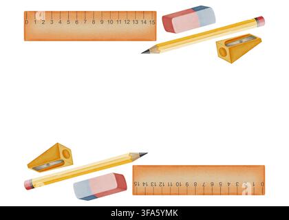 Watercolor educational frame with wooden rulers, pencils, erasers and sharpeners. Hand drawn back to school border isolated on white background with c Stock Photo