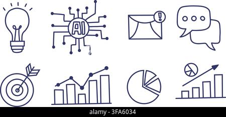 Outline Business Process AI Analytics Doodle. Line Hand Drawn Icons. Data Strategy Infographic Set. Target Financial Graph Lightbulb Idea Envelope Mes Stock Vector
